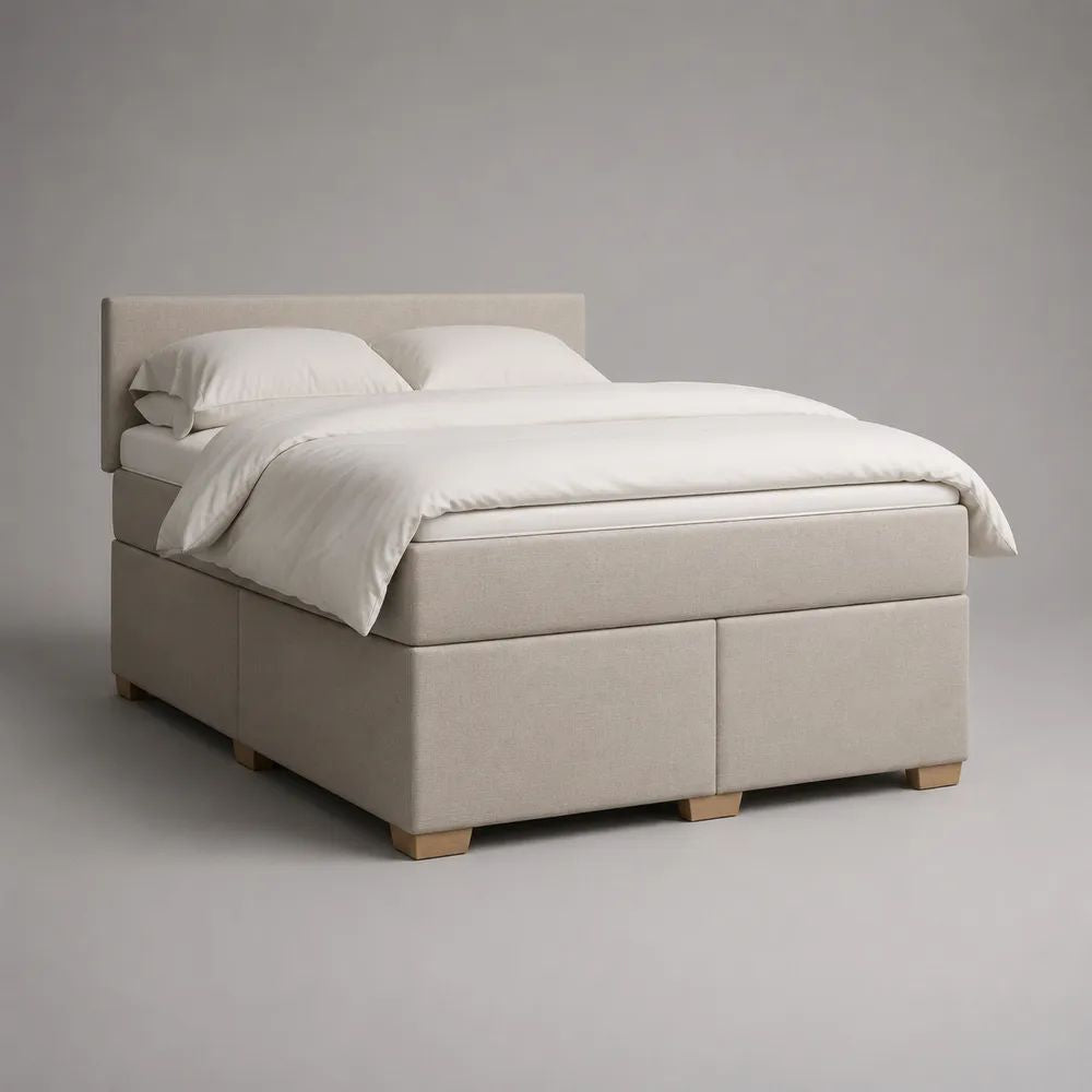 Letto matrimoniale a molle 160 x 200 cm in tessuto beige con testiera, materasso e sovramaterasso