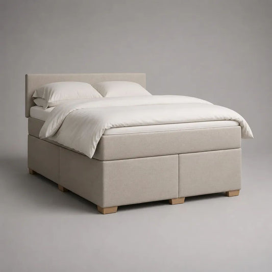 Letto matrimoniale a molle 160 x 200 cm in tessuto beige con testiera, materasso e sovramaterasso