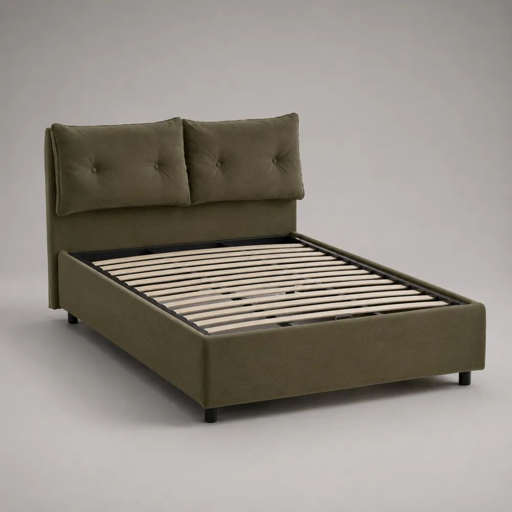 Letto matrimoniale contenitore 160 × 200 cm in tessuto effetto velluto verde oliva con rete a doghe e testiera imbottita, 174 × 215 × 112 cm
