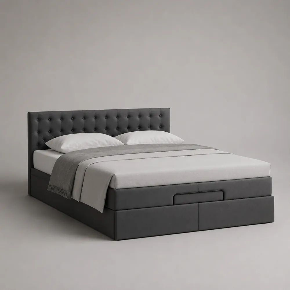 Letto matrimoniale contenitore 160 x 200 cm in velluto di poliestere grigio scuro con testiera capitonné e 2 cassetti