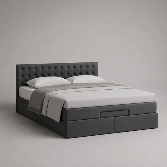 Letto matrimoniale contenitore 160 x 200 cm in velluto di poliestere grigio scuro con testiera capitonné e 2 cassetti