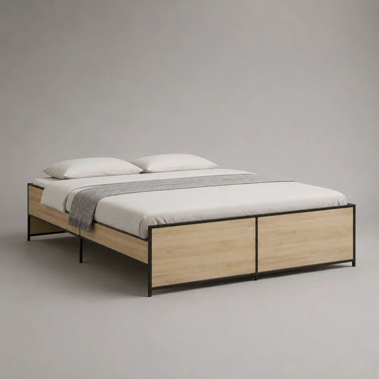 Letto matrimoniale 160 x 200 cm in acciaio e legno, rovere chiaro e nero, 208 x 166 x 72 cm