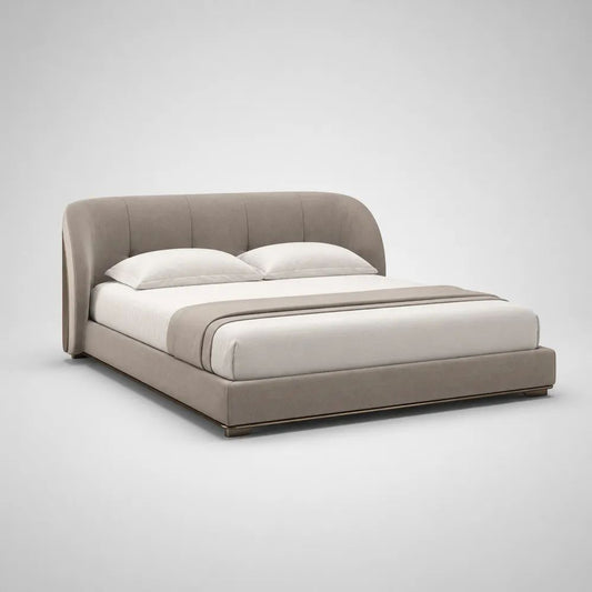 Letto matrimoniale imbottito 160 × 200 cm in tessuto poliestere tortora con testiera curva, 190 × 228 × 105 cm