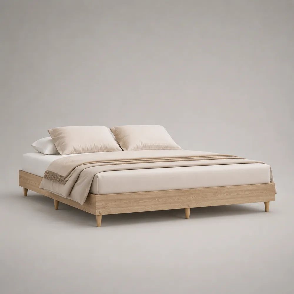 Letto matrimoniale rettangolare con rete a doghe in MDF impiallacciato rovere naturale, 166 × 206 × 35 cm, per materasso 160 × 200 cm