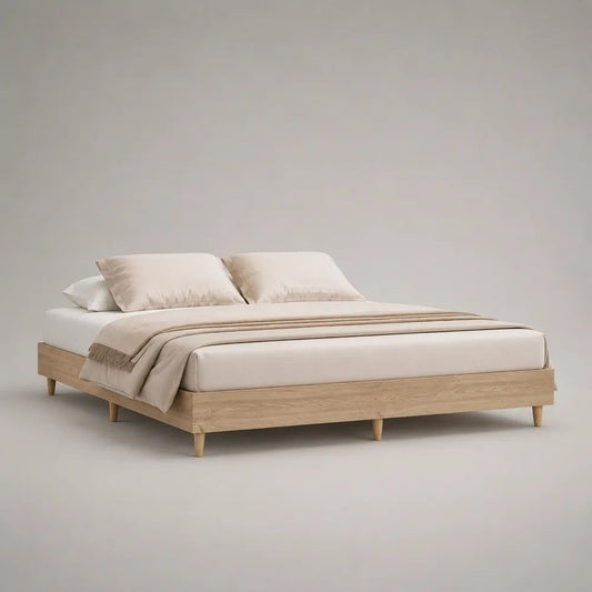 Letto matrimoniale rettangolare con rete a doghe in MDF impiallacciato rovere naturale, 166 × 206 × 35 cm, per materasso 160 × 200 cm