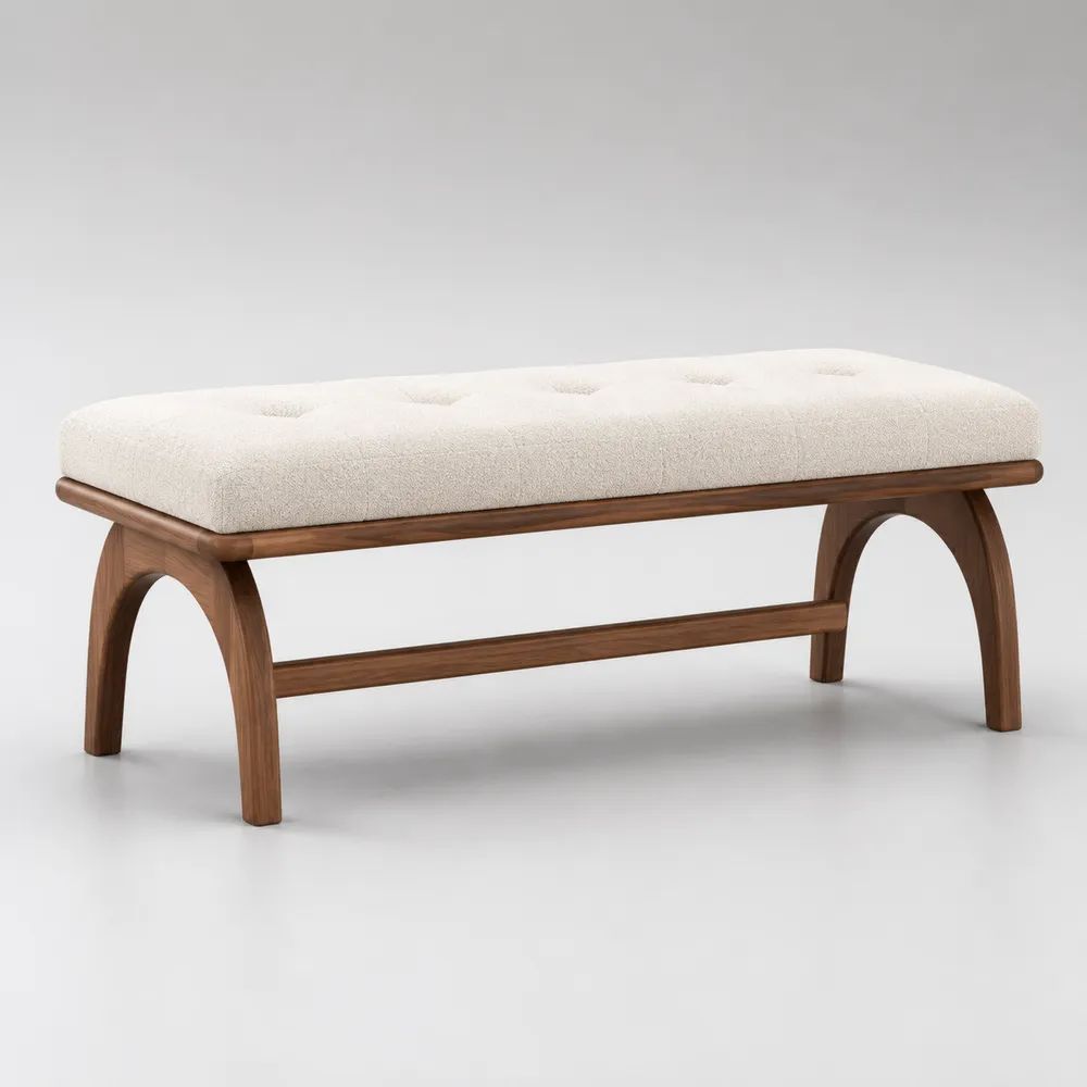 Panca fondo letto imbottita in tessuto bouclé e legno, crema e marrone noce, 120 x 42 x 48 cm