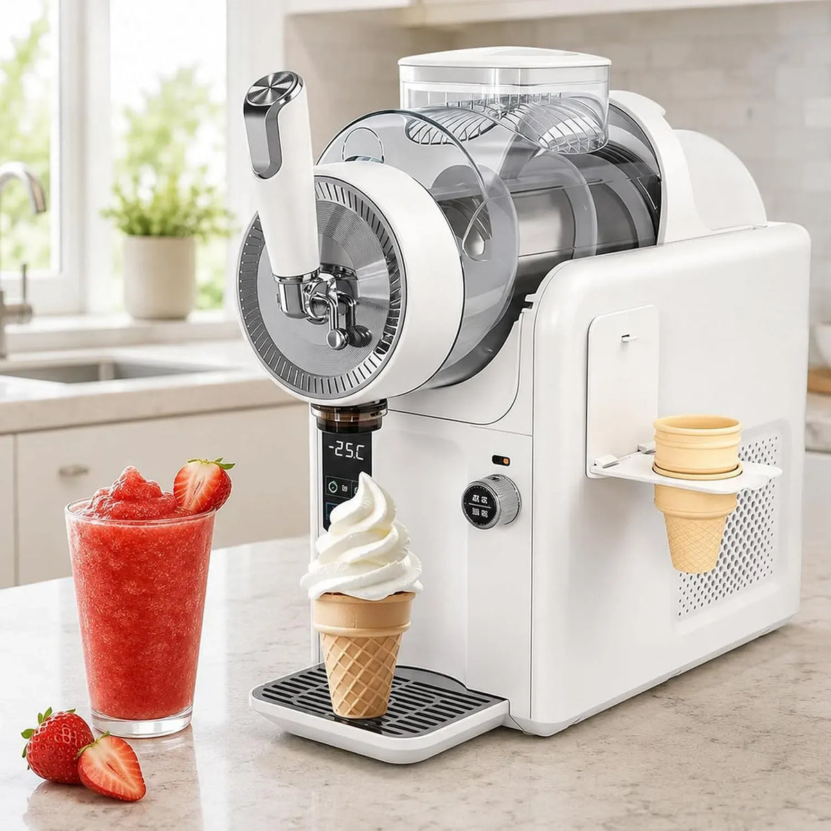 E 5 Macchina per Granita, Macchina per Gelato, macchina per gelato e sorbetto, 2 L, 5 programmi, 2 zone di temperatura, bianco