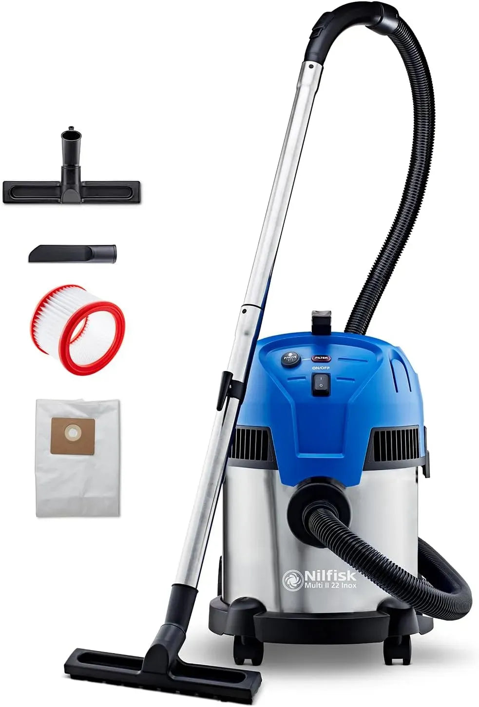 II 22L Nilfisk Multi Inox Aspiratore Solidi e Liquidi, Funzioni di Aspirazione e Soffiaggio per Interni ed Esterni, per Casa, 1400 W, Giardino e Auto