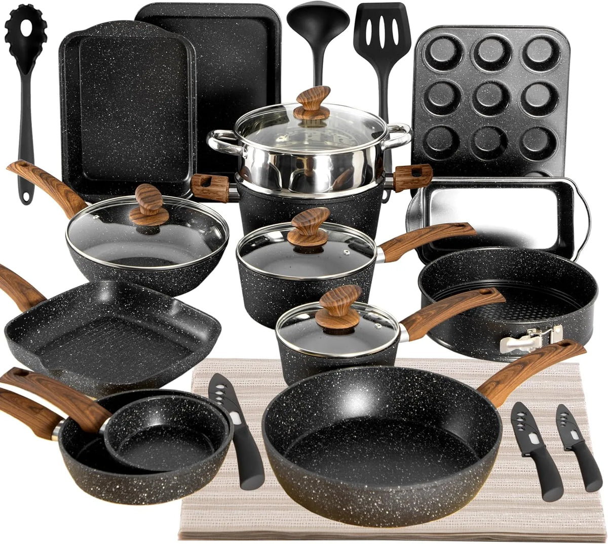 Kitchen Academy Set di 30 Pezzi Padelle e Pentole Antiaderenti Nero
