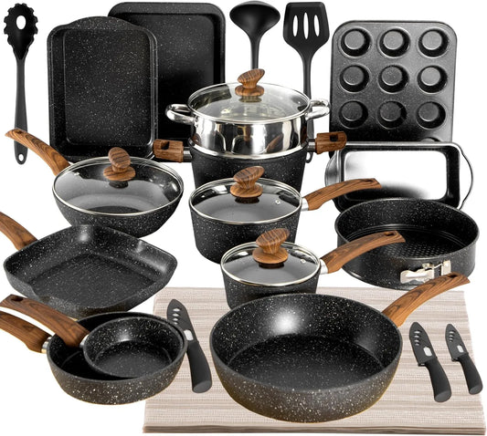 Kitchen Academy Set di 30 Pezzi Padelle e Pentole Antiaderenti Nero