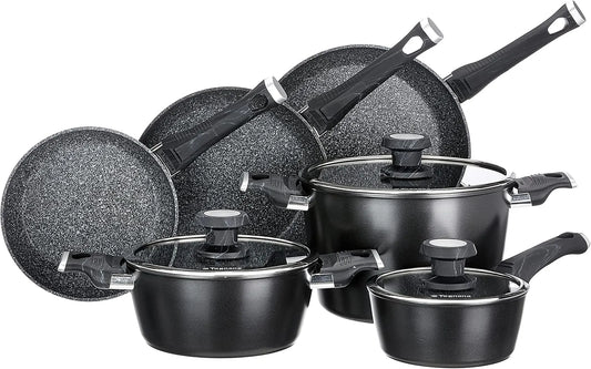 Pentola e padella, nero, Set con 3 padelle, 3 coperchi in vetro, 9 Pezzi, 2 casseruole