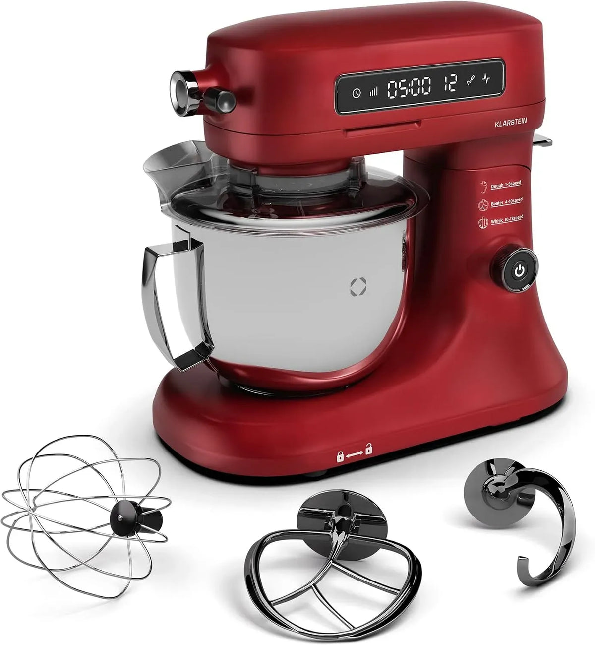 Klarstein Robot da cucina, 5 L, 1600 W, 72 dB, touch, display LCD, acciaio inox, rosso, 12 Velocità