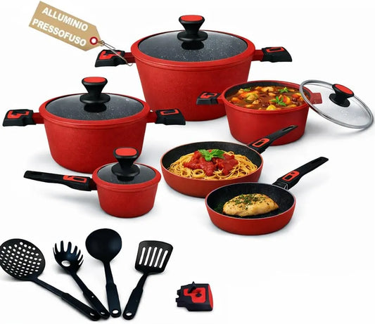 Pentola e padella, BAKAJI, rivestimento antiaderente, rosso