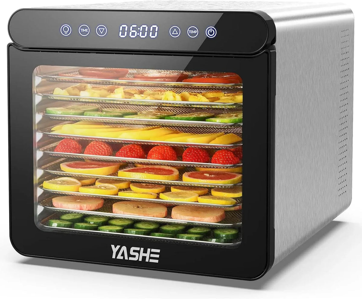 Asciugatrice, 800 W, YASHE 48H, timer, acciaio inox, Temperatura Fino a 75℃ e Timer, Disidratatore da 800W con Display a LED, 9 Setacci a Rete
