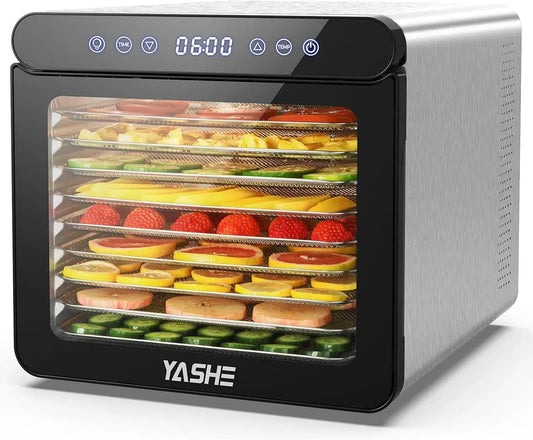 Asciugatrice, 800 W, YASHE 48H, timer, acciaio inox, Temperatura Fino a 75℃ e Timer, Disidratatore da 800W con Display a LED, 9 Setacci a Rete