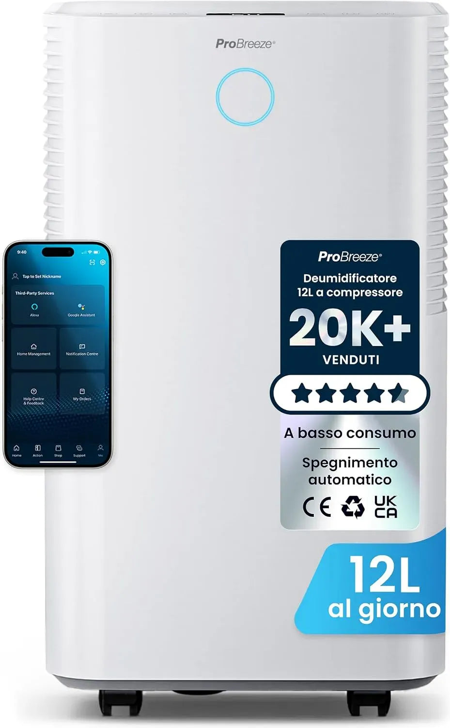 Deumidificatore 12L/Giorno 24H, 2 L, timer, Wi-Fi, ampio serbatoio, 20m²