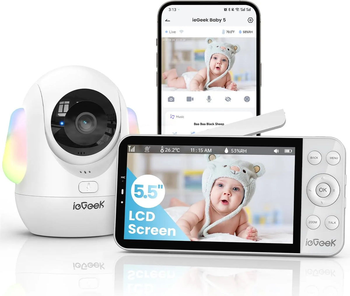 Monitor, ieGeek 2.5K/4MP, Wi-Fi, schermo per PC, monitor video per bambini, Luce Notturna