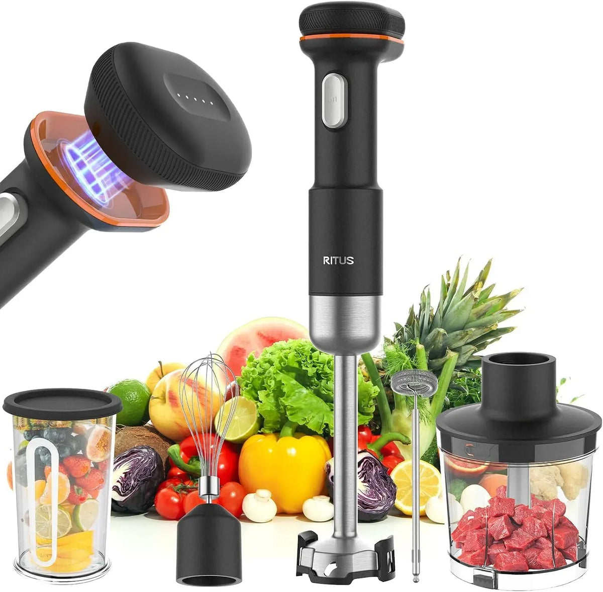 Frullatore, portatile, Ritus 13000 giri/min, mixer da cucina, Frullatore a immersione senza fili 5 in 1