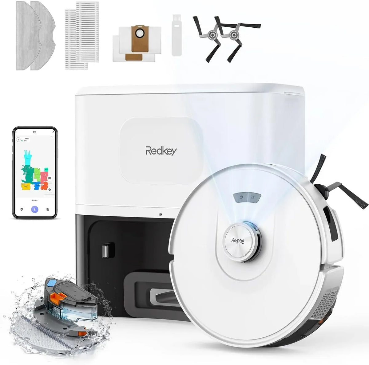 Robot aspirapolvere, 4 L, 25000Pa Ultra Aspirazione, Aspirapolvere Robot Lavapavimenti per Tappeti/Peli/Animali, 4L Svuotamento Automatico
