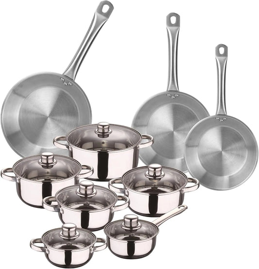 Set di utensili da cucina da 12 pezzi e padelle in acciaio inox Ø20 Ø24 e Ø28 x5 cm, adatti per induzione e senza antiaderente, Well Home