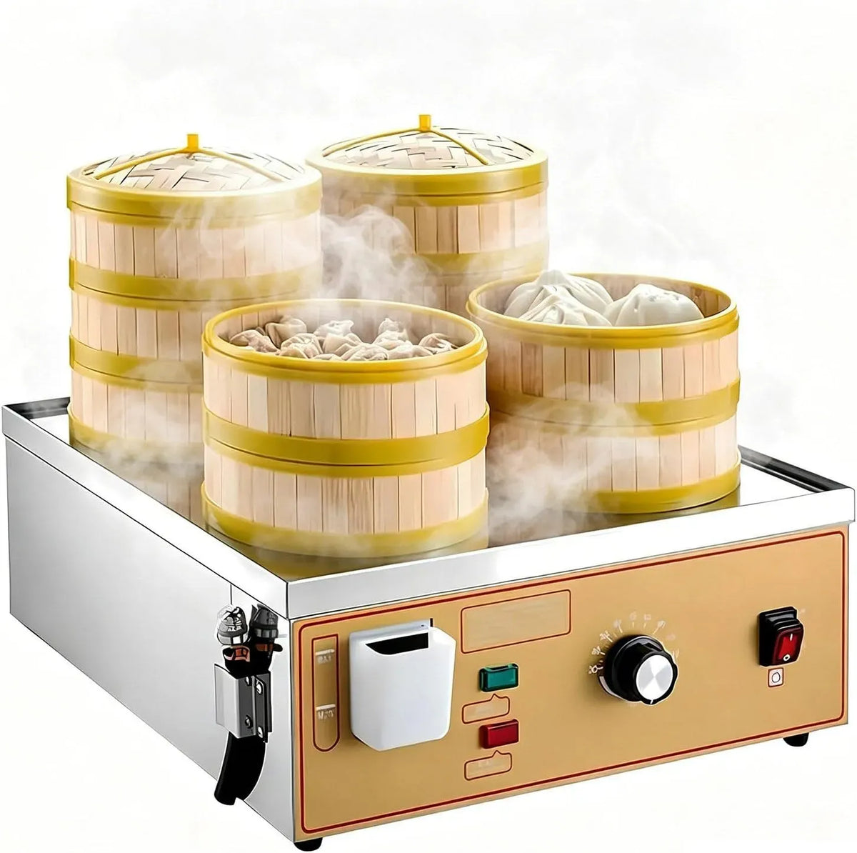 Non Incluso, per Vaporiera Elettrica Professionale da Banco per Panini e Dim Sum, con 4 Fori e Allarme di Ebollizione a Secco, Dimensioni del Cestello