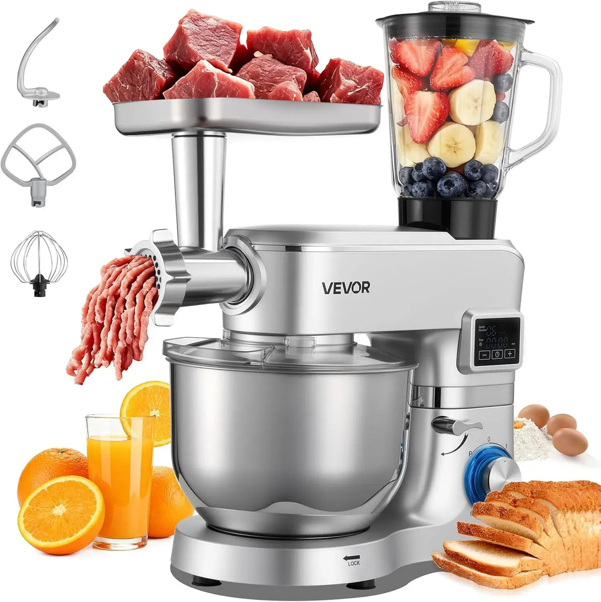 VEVOR Robot da cucina, 5,7 L, 1500 W, acciaio inox, Impastatrice con 6 Velocità e Gancio per Impastare, 1,5 L