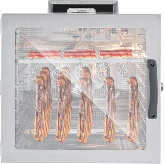 Asciugatrice, 42,5 L, 1000 W, 30 a 90 °C, acciaio inox, 10 numero di piani per la produzione di biltong bovino, 20 numero di ganci