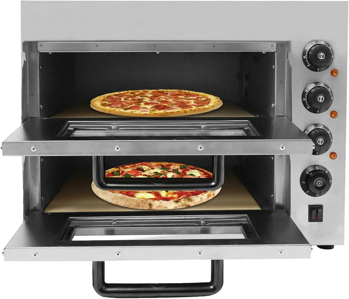 Forno elettrico per pizza, 3000 W, 50 a 350 °C, 220 V, timer, 2 zone di temperatura, acciaio inox, 1 paio di guanti, 2 livelli